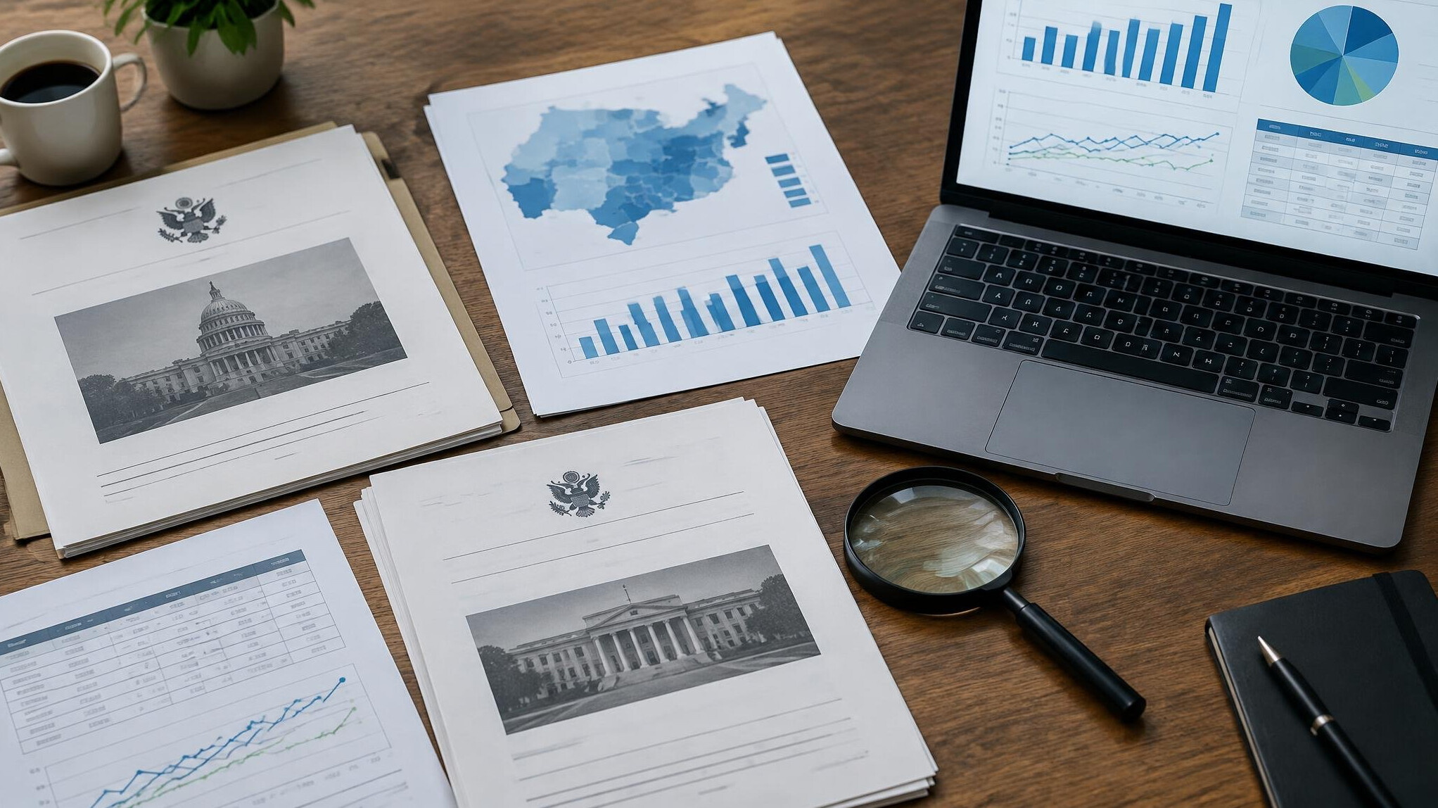 Flat lay of printed documents, a laptop and a magnifying glass on a desk