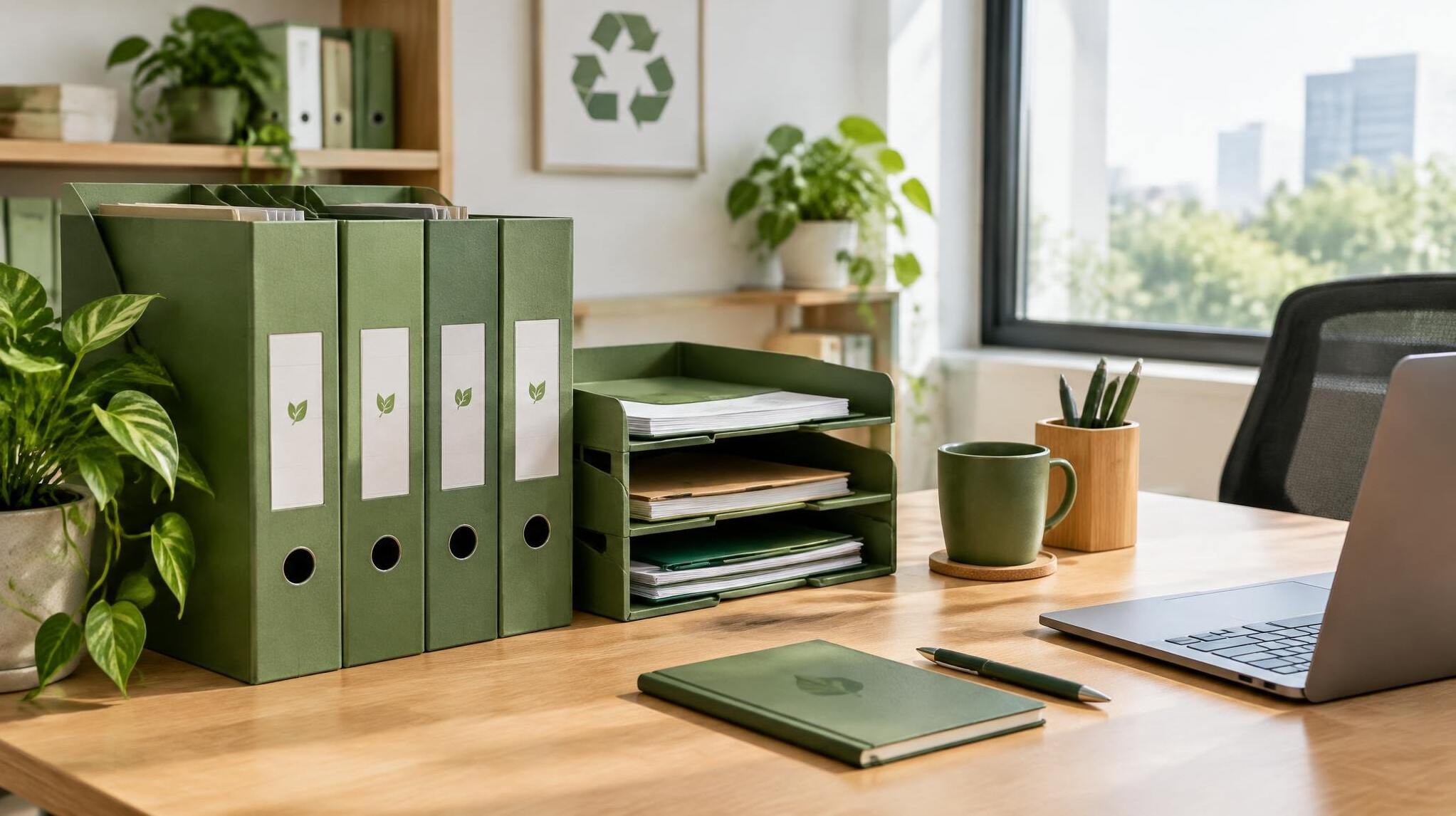 modern office desk with green files