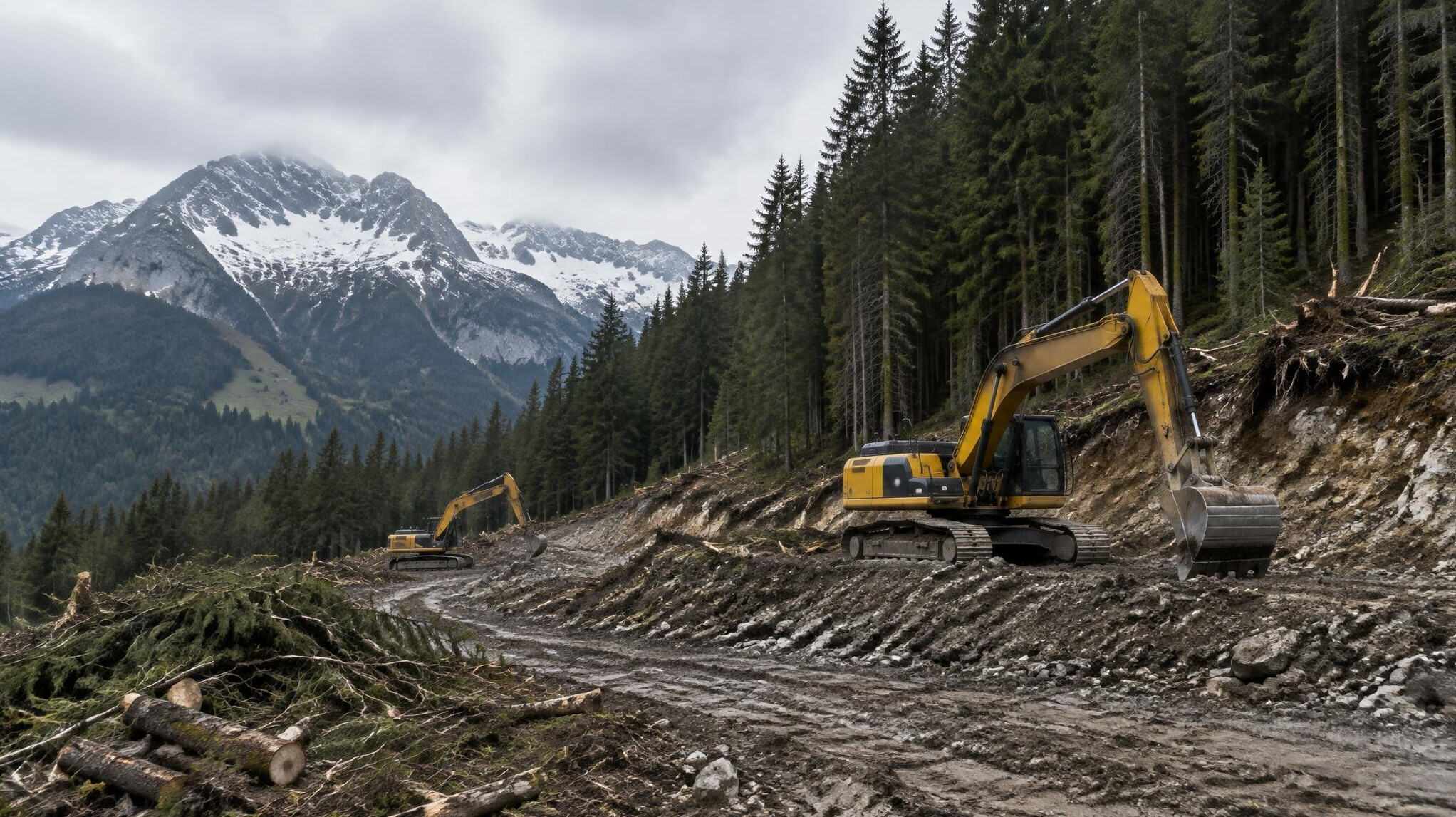 Construction excavators clearing land at the edge of a dense forest
