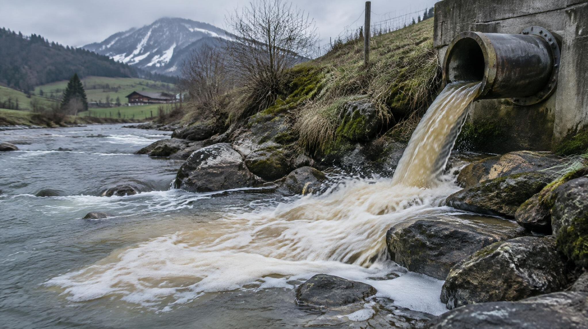 River flowing near an industrial outflow pipe with discoloured water