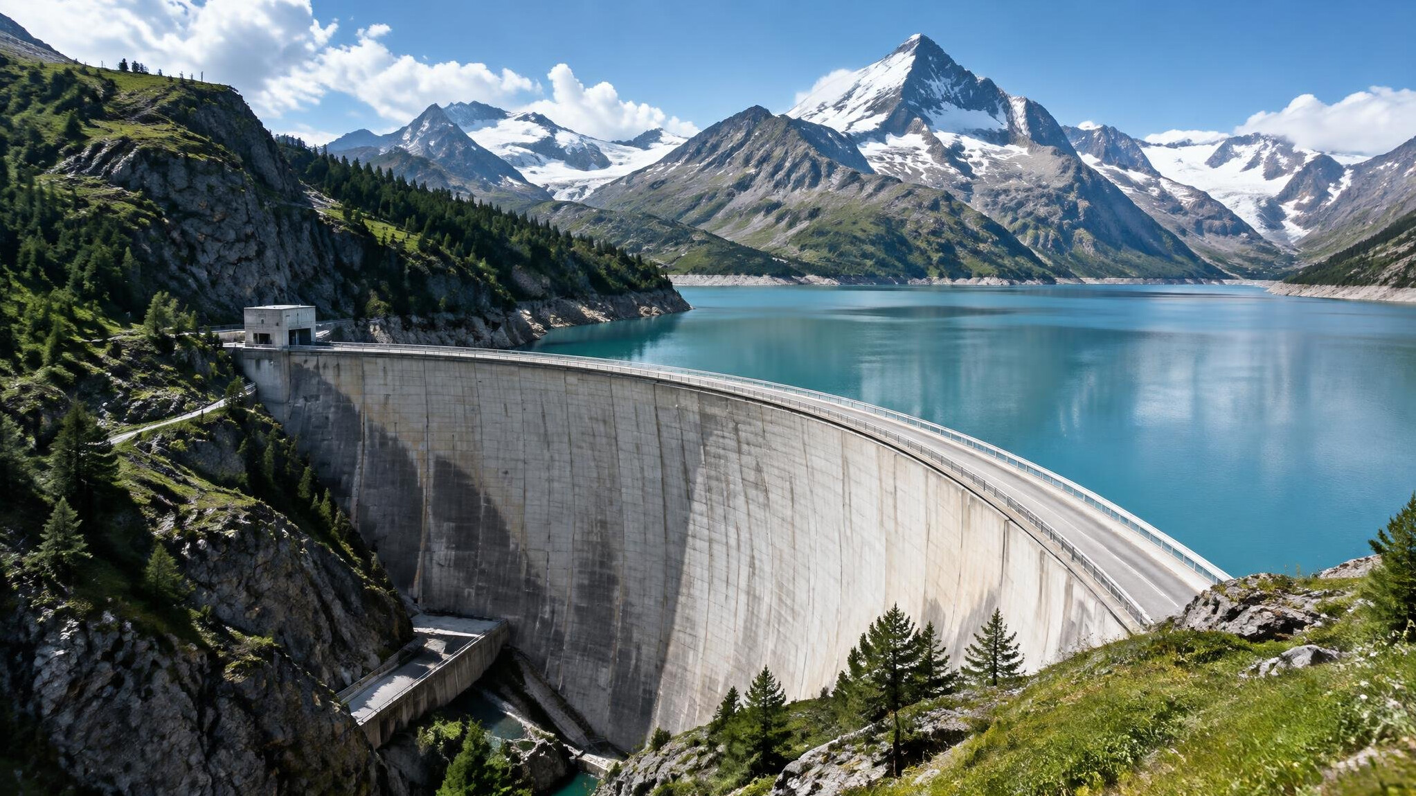 Large hydroelectric dam in the Swiss Alps holding back a reservoir