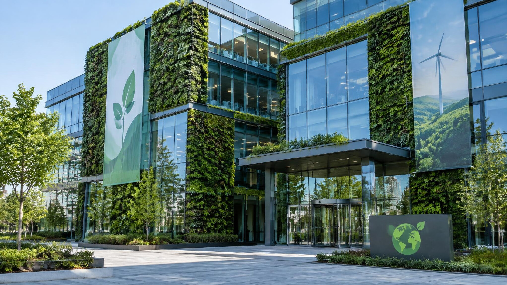 Modern glass office building decorated with green plant walls