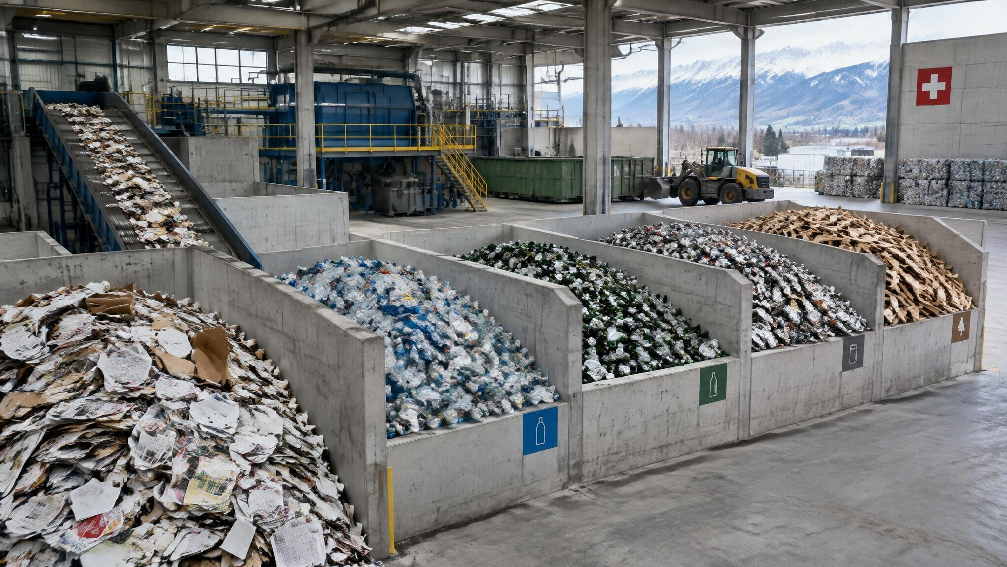 Large waste management and recycling facility with sorted material piles