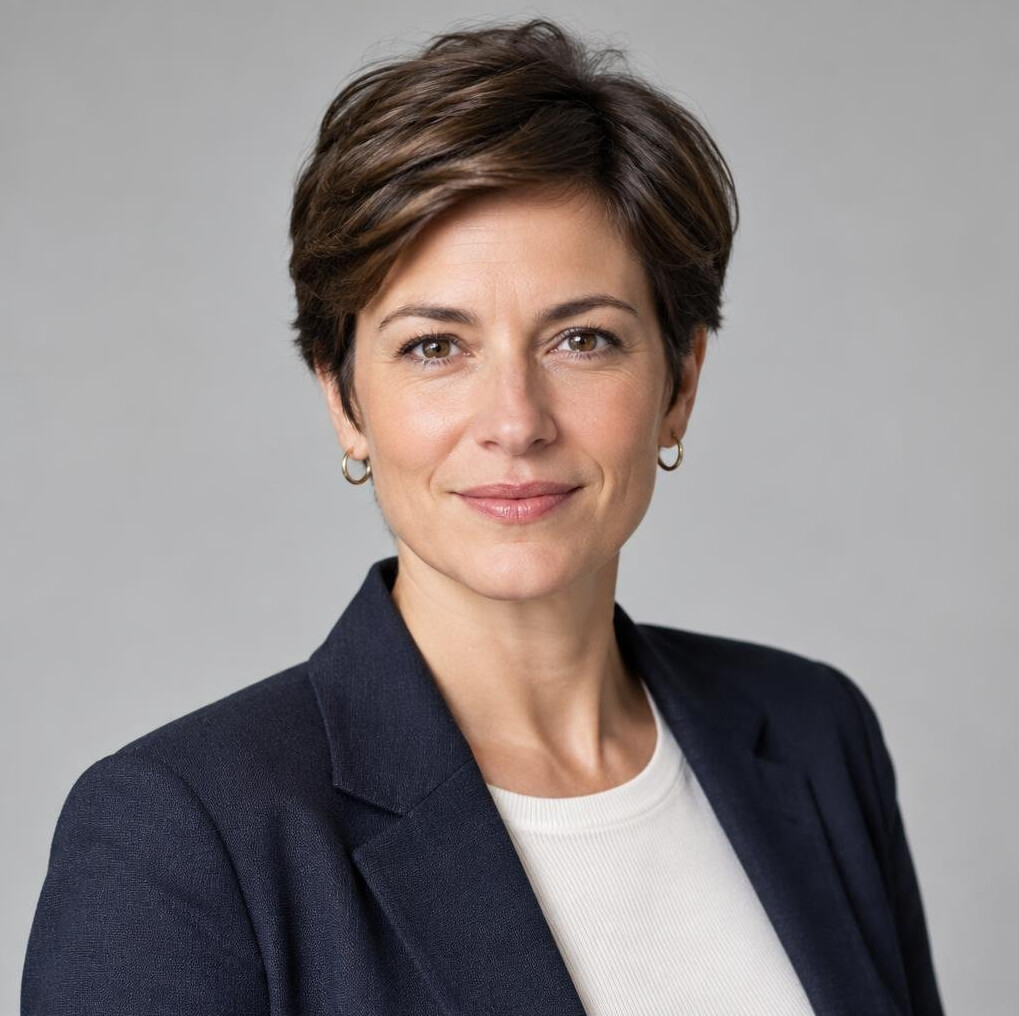 Studio portrait of a woman with short brown hair in smart casual clothing