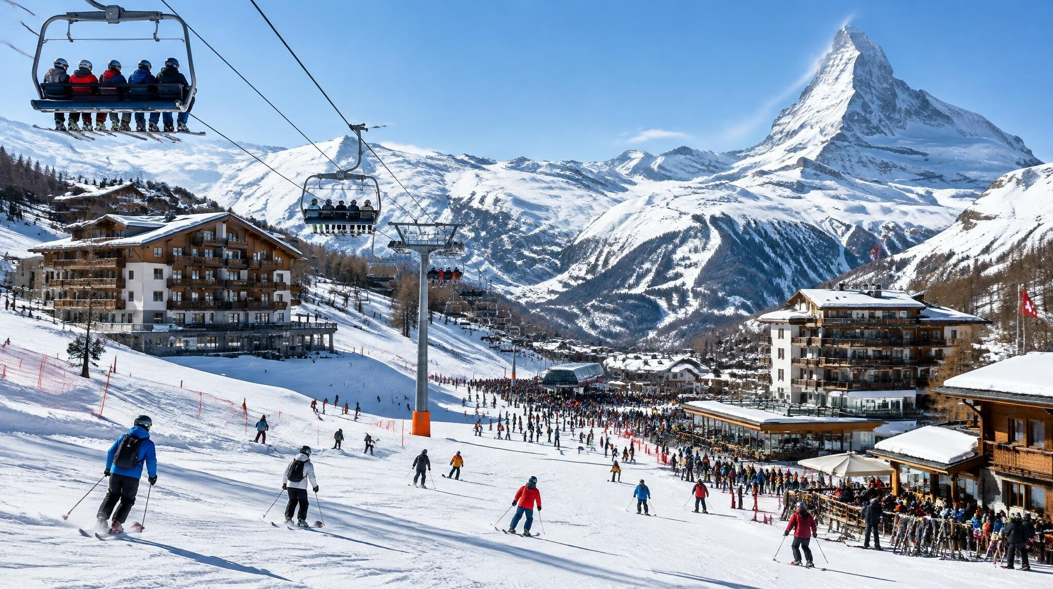 Busy Swiss alpine ski resort with chairlifts and crowded slopes